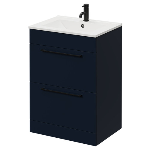 Napoli Deep Blue 600mm Floor Standing Vanity Unit with 1 Tap Hole Minimalist Basin and 2 Drawers with Matt Black Handles Right Hand View Napoli Deep Blue 600mm Floor Standing Vanity Unit with 1 Tap Hole Minimalist Basin and 2 Drawers with Matt Black Handles Right Hand View