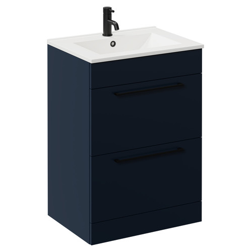Napoli Deep Blue 600mm Floor Standing Vanity Unit with 1 Tap Hole Minimalist Basin and 2 Drawers with Matt Black Handles Left Hand View