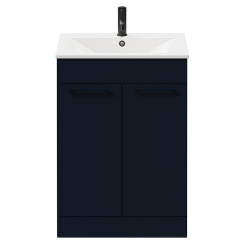 Napoli Deep Blue 600mm Floor Standing Vanity Unit with 1 Tap Hole Minimalist Basin and 2 Doors with Matt Black Handles Front View