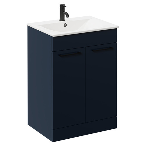 Napoli Deep Blue 600mm Floor Standing Vanity Unit with 1 Tap Hole Minimalist Basin and 2 Doors with Matt Black Handles Left Hand View