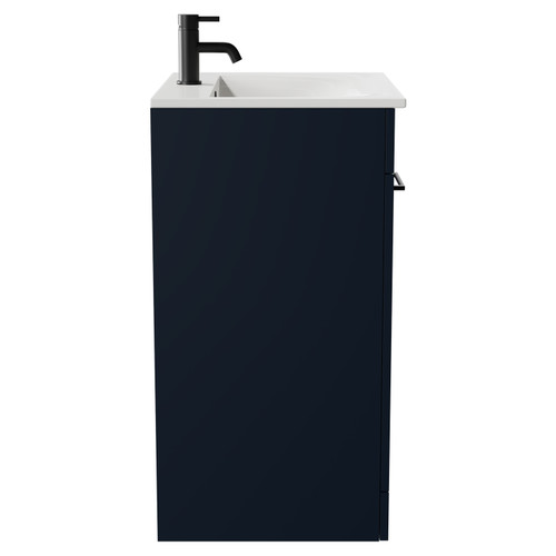 Napoli Deep Blue 600mm Floor Standing Vanity Unit with 1 Tap Hole Minimalist Basin and 2 Doors with Matt Black Handles Side View