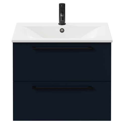 Napoli Deep Blue 600mm Wall Mounted Vanity Unit with 1 Tap Hole Minimalist Basin and 2 Drawers with Matt Black Handles Front View
