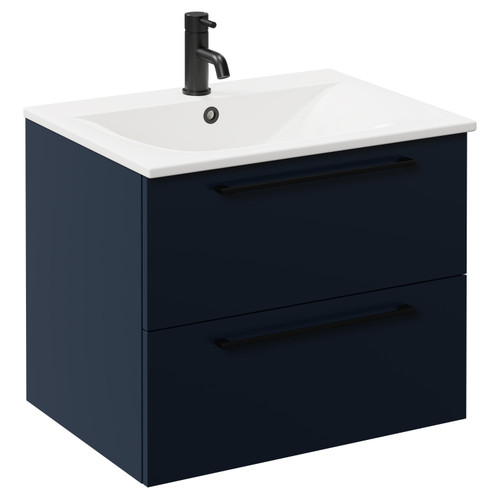 Napoli Deep Blue 600mm Wall Mounted Vanity Unit with 1 Tap Hole Minimalist Basin and 2 Drawers with Matt Black Handles Left Hand View