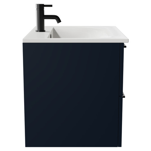 Napoli Deep Blue 600mm Wall Mounted Vanity Unit with 1 Tap Hole Minimalist Basin and 2 Drawers with Matt Black Handles Side View