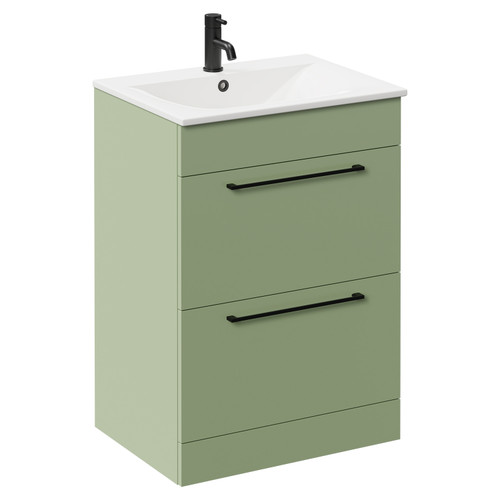 Napoli Olive Green 600mm Floor Standing Vanity Unit with 1 Tap Hole Minimalist Basin and 2 Drawers with Matt Black Handles Left Hand View