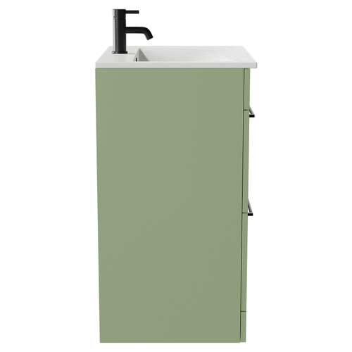 Napoli Olive Green 600mm Floor Standing Vanity Unit with 1 Tap Hole Minimalist Basin and 2 Drawers with Matt Black Handles Side View