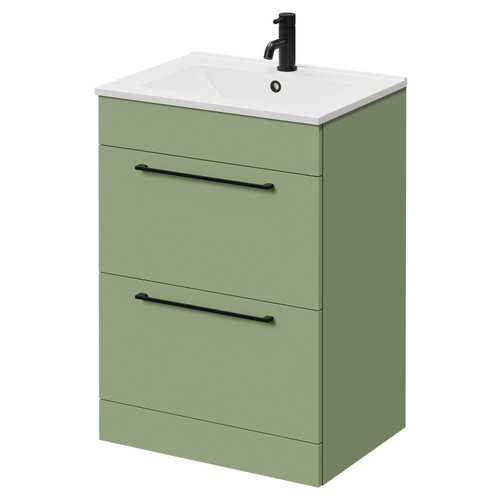 Napoli Olive Green 600mm Floor Standing Vanity Unit with 1 Tap Hole Minimalist Basin and 2 Drawers with Matt Black Handles Right Hand View