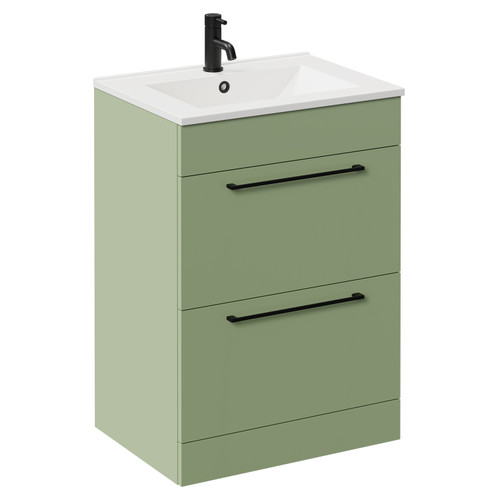 Napoli Olive Green 600mm Floor Standing Vanity Unit with 1 Tap Hole Minimalist Basin and 2 Drawers with Matt Black Handles Left Hand View