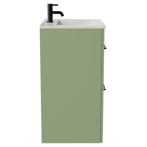 Napoli Olive Green 600mm Floor Standing Vanity Unit with 1 Tap Hole Minimalist Basin and 2 Drawers with Matt Black Handles View from Side