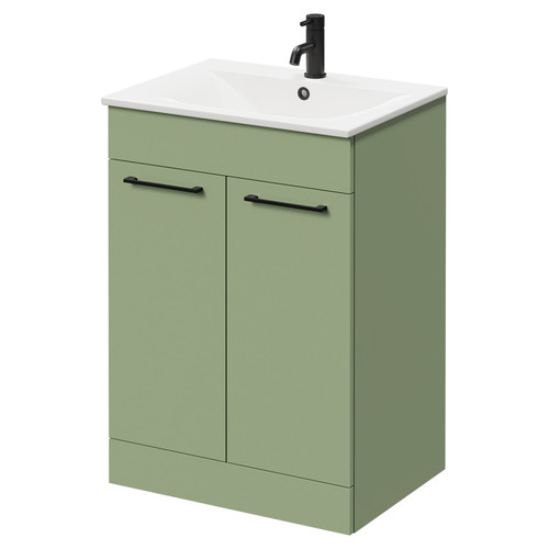 Napoli Olive Green 600mm Floor Standing Vanity Unit with 1 Tap Hole Minimalist Basin and 2 Doors with Matt Black Handles Right Hand View
