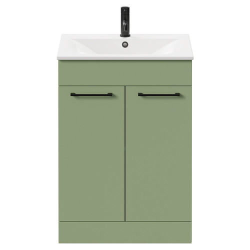 Napoli Olive Green 600mm Floor Standing Vanity Unit with 1 Tap Hole Minimalist Basin and 2 Doors with Matt Black Handles Front View