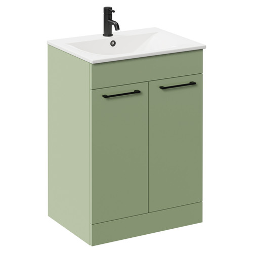 Napoli Olive Green 600mm Floor Standing Vanity Unit with 1 Tap Hole Minimalist Basin and 2 Doors with Matt Black Handles Left Hand View