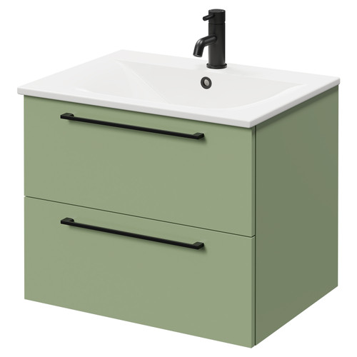 Napoli Olive Green 600mm Wall Mounted Vanity Unit with 1 Tap Hole Minimalist Basin and 2 Drawers with Matt Black Handles Right Hand View