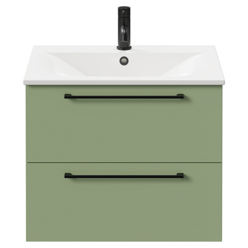 Napoli Olive Green 600mm Wall Mounted Vanity Unit with 1 Tap Hole Minimalist Basin and 2 Drawers with Matt Black Handles Front View