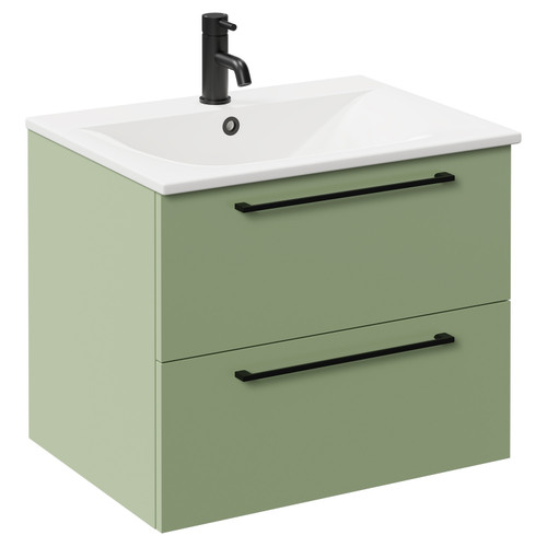 Napoli Olive Green 600mm Wall Mounted Vanity Unit with 1 Tap Hole Minimalist Basin and 2 Drawers with Matt Black Handles Left Hand View