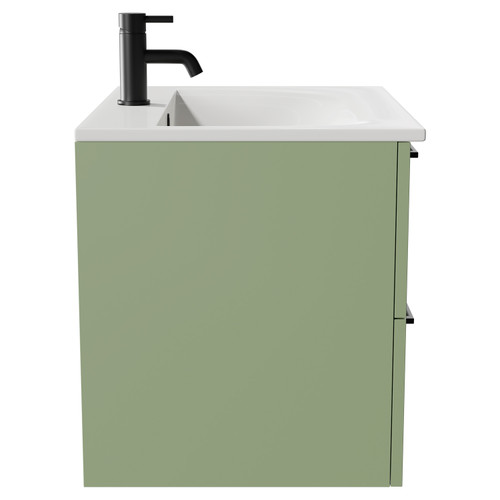 Napoli Olive Green 600mm Wall Mounted Vanity Unit with 1 Tap Hole Minimalist Basin and 2 Drawers with Matt Black Handles Side View