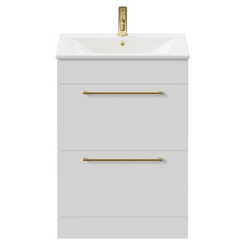 Napoli Gloss White 600mm Floor Standing Vanity Unit with 1 Tap Hole Minimalist Basin and 2 Drawers with Brushed Brass Handles Front View