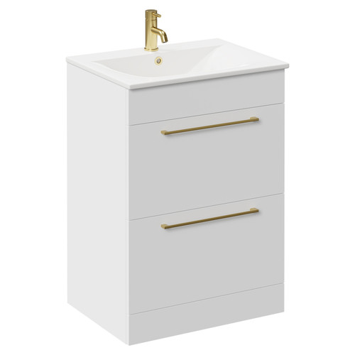 Napoli Gloss White 600mm Floor Standing Vanity Unit with 1 Tap Hole Minimalist Basin and 2 Drawers with Brushed Brass Handles Left Hand View