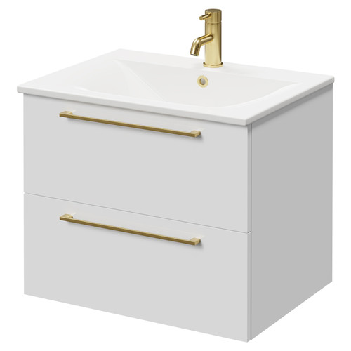 Napoli Gloss White 600mm Wall Mounted Vanity Unit with 1 Tap Hole Minimalist Basin and 2 Drawers with Brushed Brass Handles Right Hand View