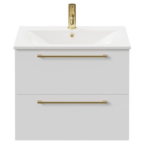 Napoli Gloss White 600mm Wall Mounted Vanity Unit with 1 Tap Hole Minimalist Basin and 2 Drawers with Brushed Brass Handles Front View