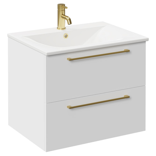 Napoli Gloss White 600mm Wall Mounted Vanity Unit with 1 Tap Hole Minimalist Basin and 2 Drawers with Brushed Brass Handles Left Hand View