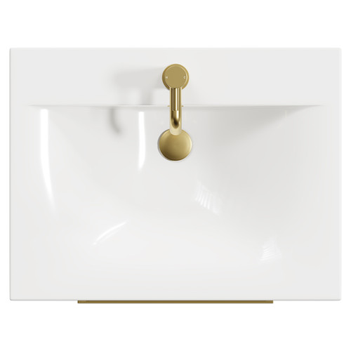Napoli Gloss White 600mm Wall Mounted Vanity Unit with 1 Tap Hole Minimalist Basin and 2 Drawers with Brushed Brass Handles View from Top