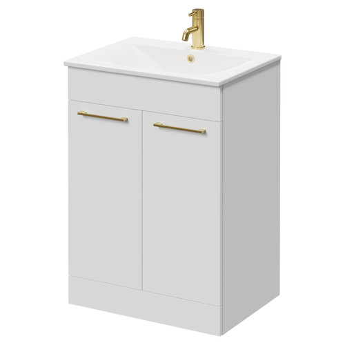 Napoli Gloss White 600mm Floor Standing Vanity Unit with 1 Tap Hole Minimalist Basin and 2 Doors with Brushed Brass Handles Right Hand View
