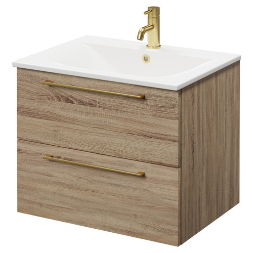 Napoli Bordalino Oak 600mm Wall Mounted Vanity Unit with 1 Tap Hole Minimalist Basin and 2 Drawers with Brushed Brass Handles Right Hand View