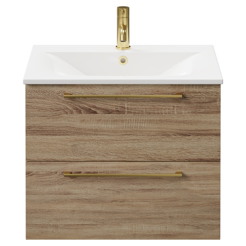 Napoli Bordalino Oak 600mm Wall Mounted Vanity Unit with 1 Tap Hole Minimalist Basin and 2 Drawers with Brushed Brass Handles Front View