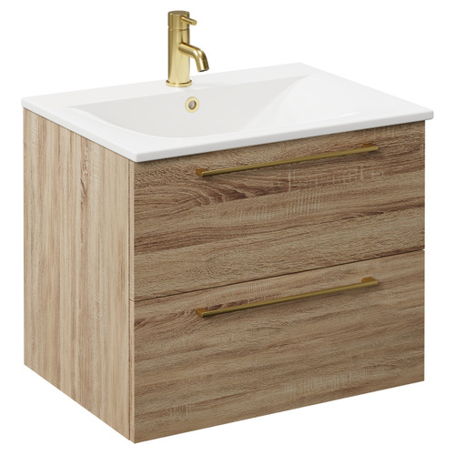 Napoli Bordalino Oak 600mm Wall Mounted Vanity Unit with 1 Tap Hole Minimalist Basin and 2 Drawers with Brushed Brass Handles Left Hand View