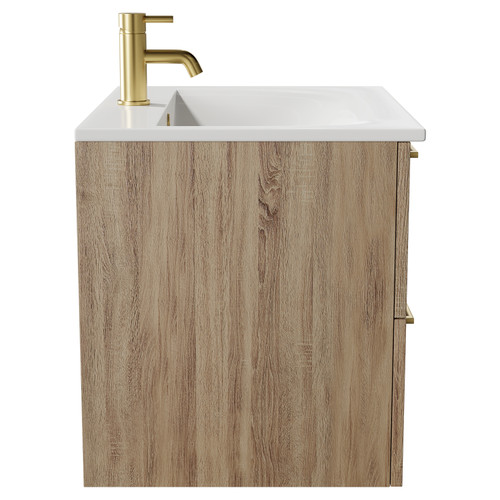 Napoli Bordalino Oak 600mm Wall Mounted Vanity Unit with 1 Tap Hole Minimalist Basin and 2 Drawers with Brushed Brass Handles Side View