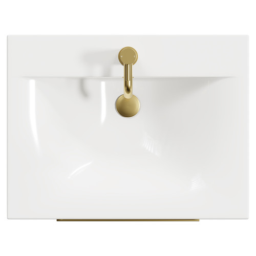 Napoli Bordalino Oak 600mm Wall Mounted Vanity Unit with 1 Tap Hole Minimalist Basin and 2 Drawers with Brushed Brass Handles View from Top