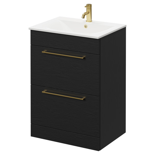 Napoli Nero Oak 600mm Floor Standing Vanity Unit with 1 Tap Hole Minimalist Basin and 2 Drawers with Brushed Brass Handles Right Hand View