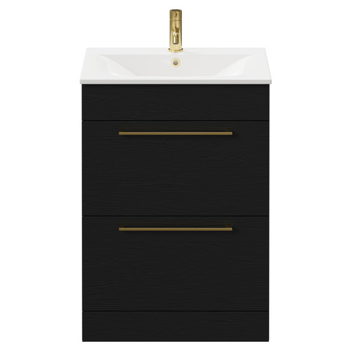 Napoli Nero Oak 600mm Floor Standing Vanity Unit with 1 Tap Hole Minimalist Basin and 2 Drawers with Brushed Brass Handles Front View