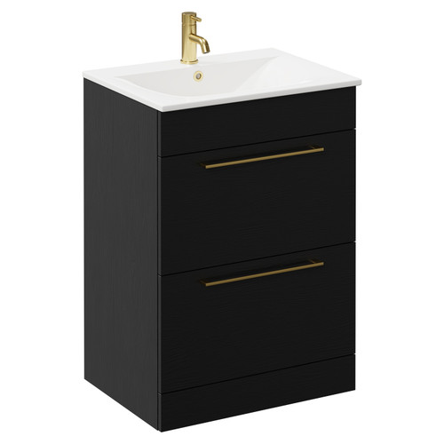 Napoli Nero Oak 600mm Floor Standing Vanity Unit with 1 Tap Hole Minimalist Basin and 2 Drawers with Brushed Brass Handles Left Hand View