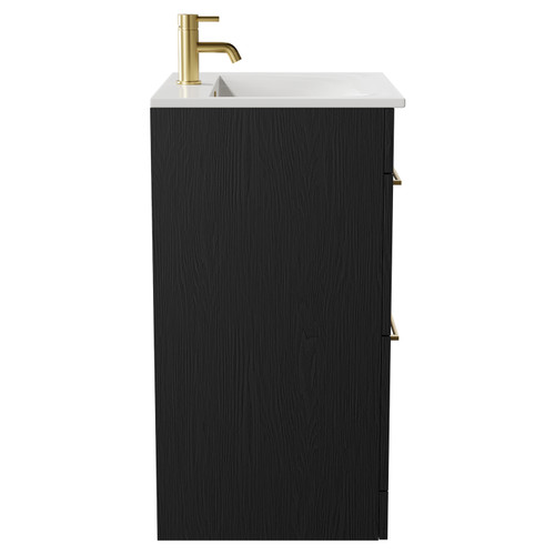 Napoli Nero Oak 600mm Floor Standing Vanity Unit with 1 Tap Hole Minimalist Basin and 2 Drawers with Brushed Brass Handles Side View
