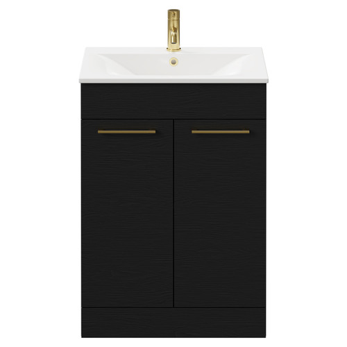 Napoli Nero Oak 600mm Floor Standing Vanity Unit with 1 Tap Hole Minimalist Basin and 2 Doors with Brushed Brass Handles Front View