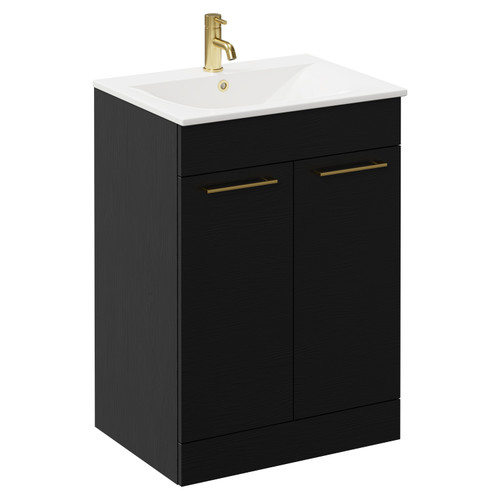 Napoli Nero Oak 600mm Floor Standing Vanity Unit with 1 Tap Hole Minimalist Basin and 2 Doors with Brushed Brass Handles Left Hand View