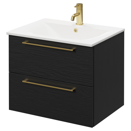 Napoli Nero Oak 600mm Wall Mounted Vanity Unit with 1 Tap Hole Minimalist Basin and 2 Drawers with Brushed Brass Handles Right Hand View