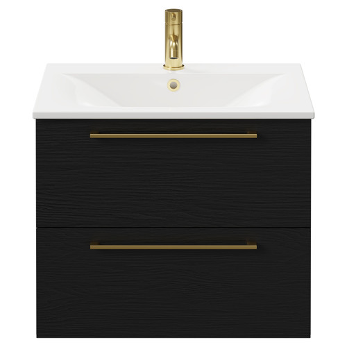 Napoli Nero Oak 600mm Wall Mounted Vanity Unit with 1 Tap Hole Minimalist Basin and 2 Drawers with Brushed Brass Handles Front View