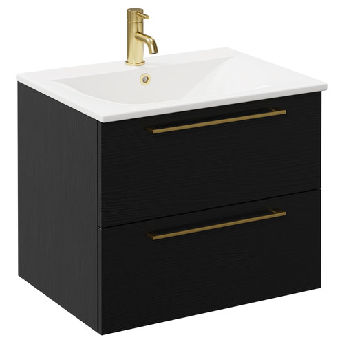 Napoli Nero Oak 600mm Wall Mounted Vanity Unit with 1 Tap Hole Minimalist Basin and 2 Drawers with Brushed Brass Handles Left Hand View