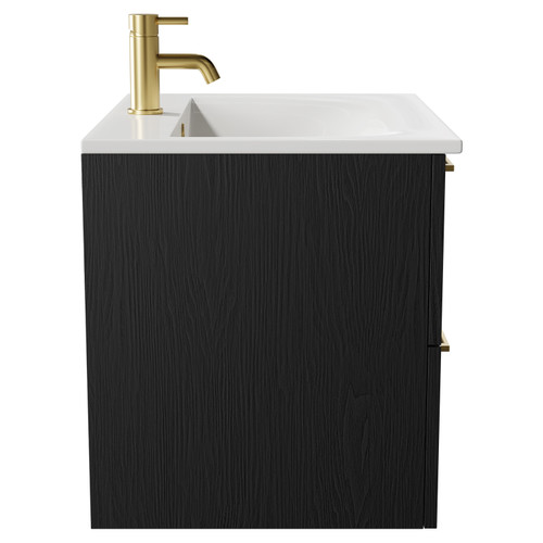 Napoli Nero Oak 600mm Wall Mounted Vanity Unit with 1 Tap Hole Minimalist Basin and 2 Drawers with Brushed Brass Handles Side View