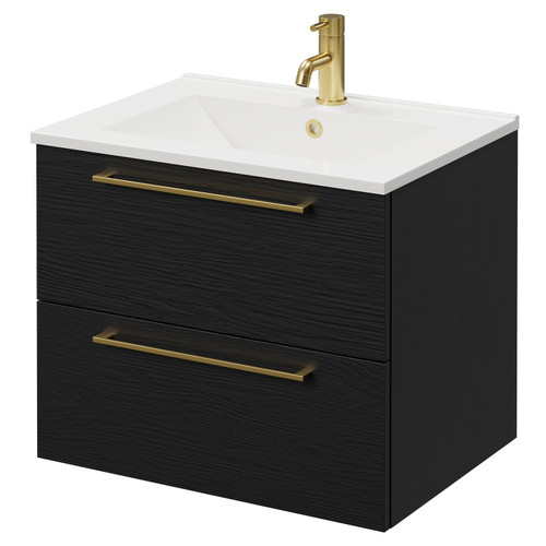Napoli Nero Oak 600mm Wall Mounted Vanity Unit with 1 Tap Hole Minimalist Basin and 2 Drawers with Brushed Brass Handles Right Hand View