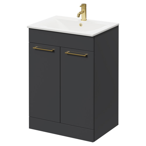 Napoli Gloss Grey 600mm Floor Standing Vanity Unit with 1 Tap Hole Minimalist Basin and 2 Doors with Brushed Brass Handles Right Hand View
