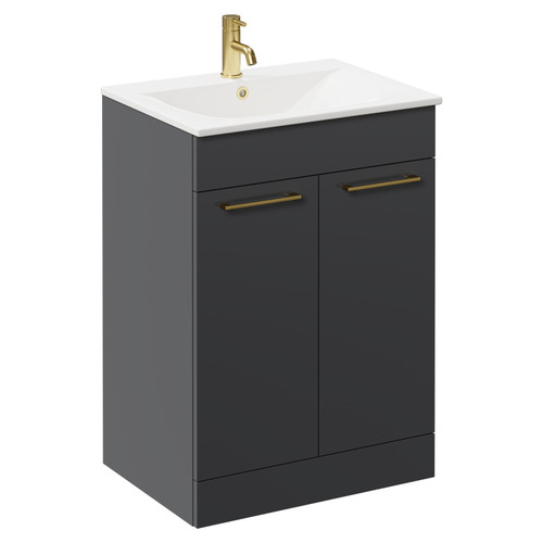 Napoli Gloss Grey 600mm Floor Standing Vanity Unit with 1 Tap Hole Minimalist Basin and 2 Doors with Brushed Brass Handles Left Hand View