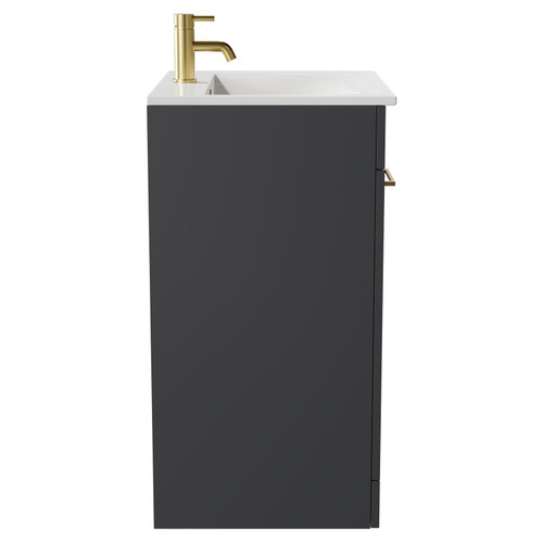 Napoli Gloss Grey 600mm Floor Standing Vanity Unit with 1 Tap Hole Minimalist Basin and 2 Doors with Brushed Brass Handles Side View