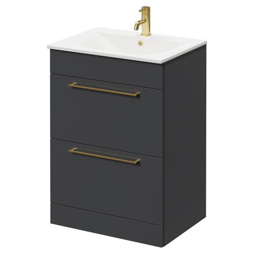 Napoli Gloss Grey 600mm Floor Standing Vanity Unit with 1 Tap Hole Minimalist Basin and 2 Drawers with Brushed Brass Handles Right Hand View