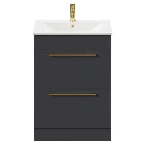 Napoli Gloss Grey 600mm Floor Standing Vanity Unit with 1 Tap Hole Minimalist Basin and 2 Drawers with Brushed Brass Handles Front View