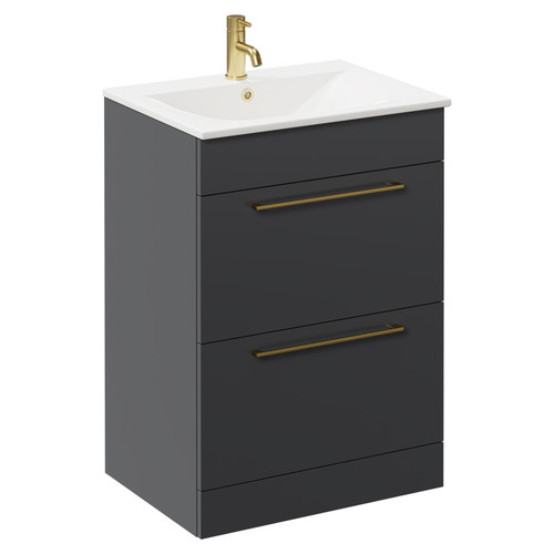 Napoli Gloss Grey 600mm Floor Standing Vanity Unit with 1 Tap Hole Minimalist Basin and 2 Drawers with Brushed Brass Handles Left Hand View