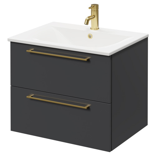 Napoli Gloss Grey 600mm Wall Mounted Vanity Unit with 1 Tap Hole Minimalist Basin and 2 Drawers with Brushed Brass Handles Right Hand View